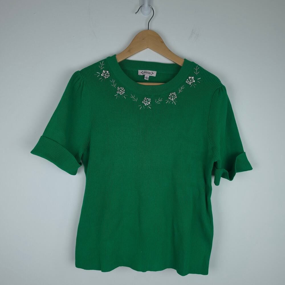 Nanette Lepore Green Ribbed Short Sleeve Sweater Floral Rhinestone Sz XL Women's